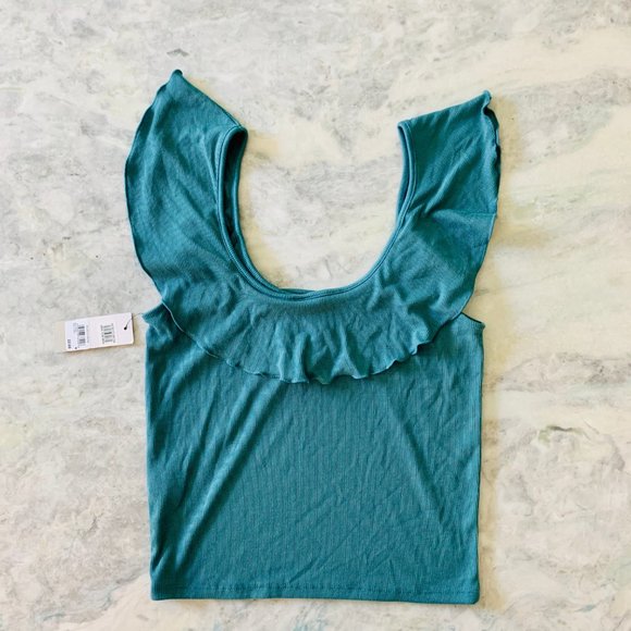 BP Teal Lettuce Ruffle Hem Scoop Neck Rib Tank Top - Picture 6 of 7